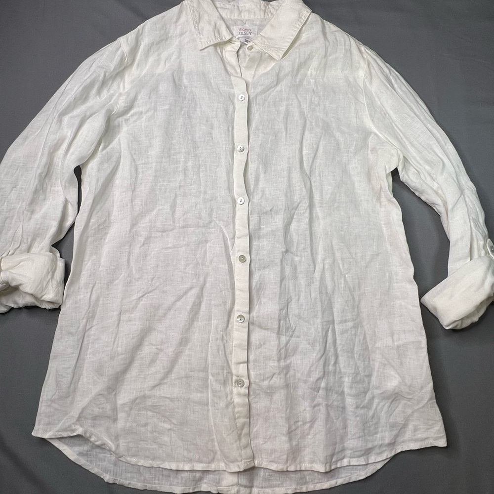 Sigrid Olsen Women’s White 100% Linen Button-Up Blouse Back Button Detail Size M